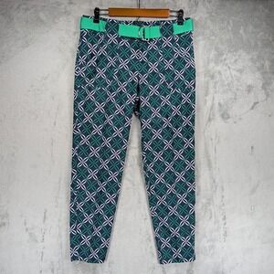 Jofit Golf Pants Womens 4 Navy Green Geometric Print Stretch Belted Athletic